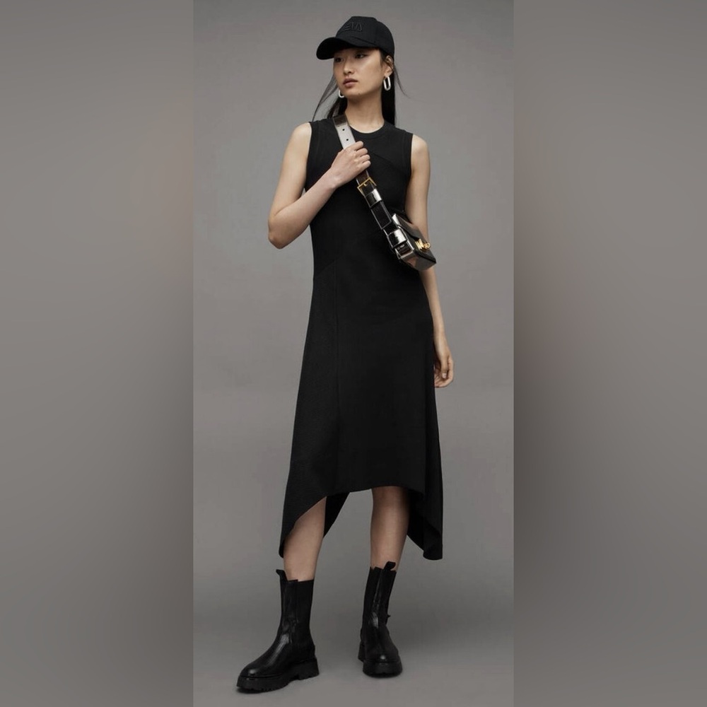 AllSaints Gia Ribbed Asymmetric Black Maxi Dress | Size 6